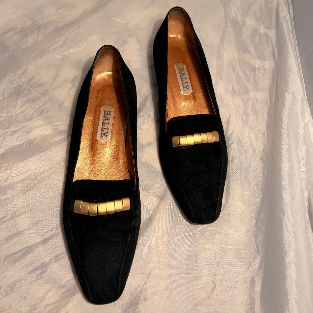 Vintage  90s Bally Elle Black Suede Women's Flat Shoe with Gold Accents